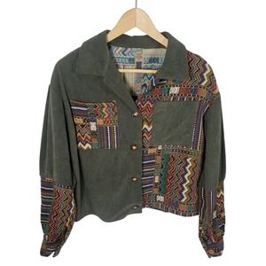 Shein Olive Green Corduroy Jacket Aztec Print‎ Boho Western Women's Small
